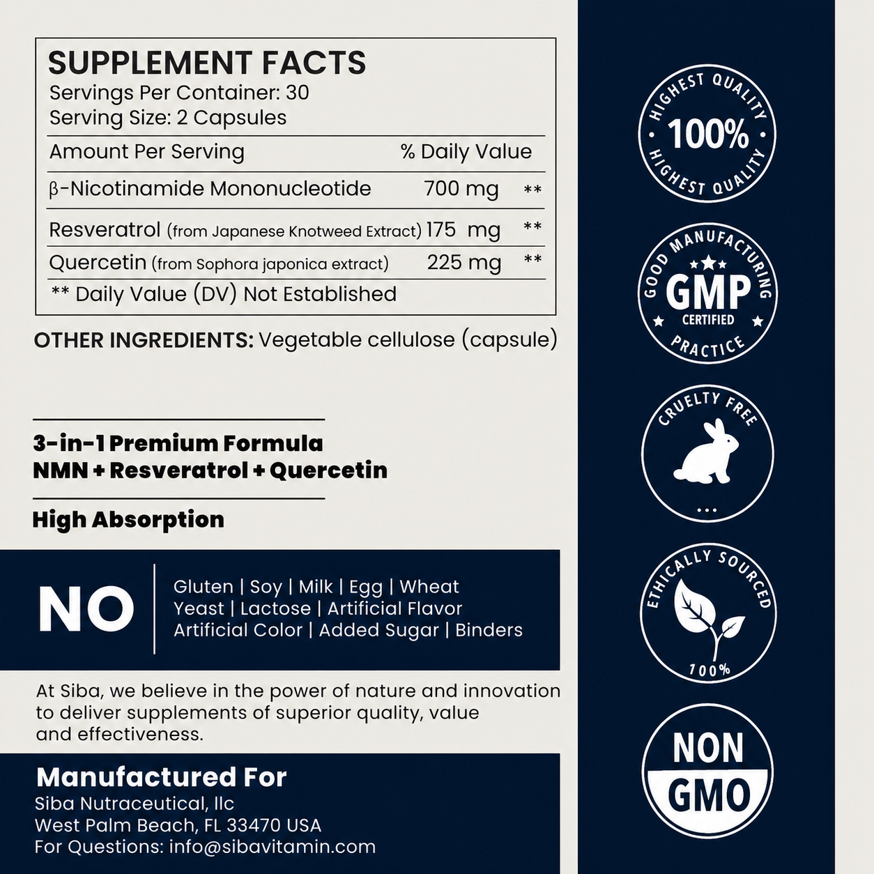 Sibivim supplement facts label with product details, serving size 2 capsules, and a dark navy vertical panel showing quality badges including GMP certified, cruelty free, and non GMO.