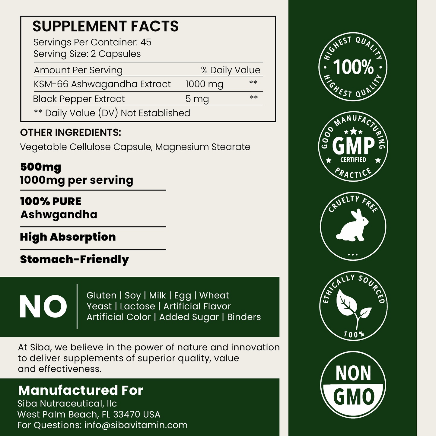Supplement label with KSM-66 Ashwagandha Extract on a green background