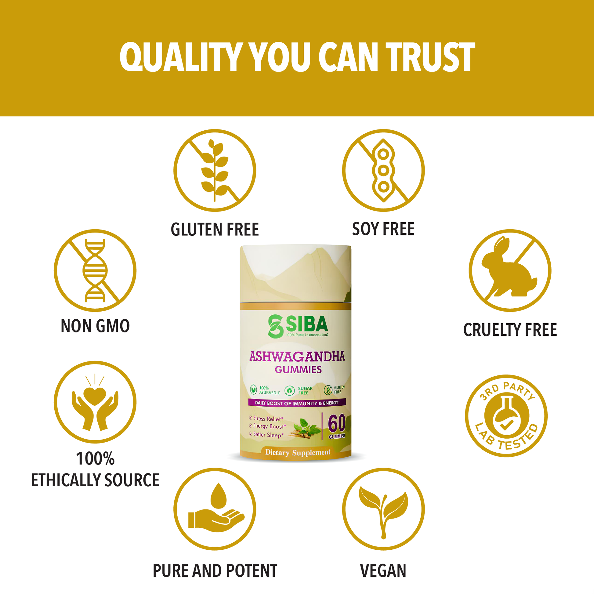 SIBA Ashwagandha Gummies packaging with quality certification icons on a white background