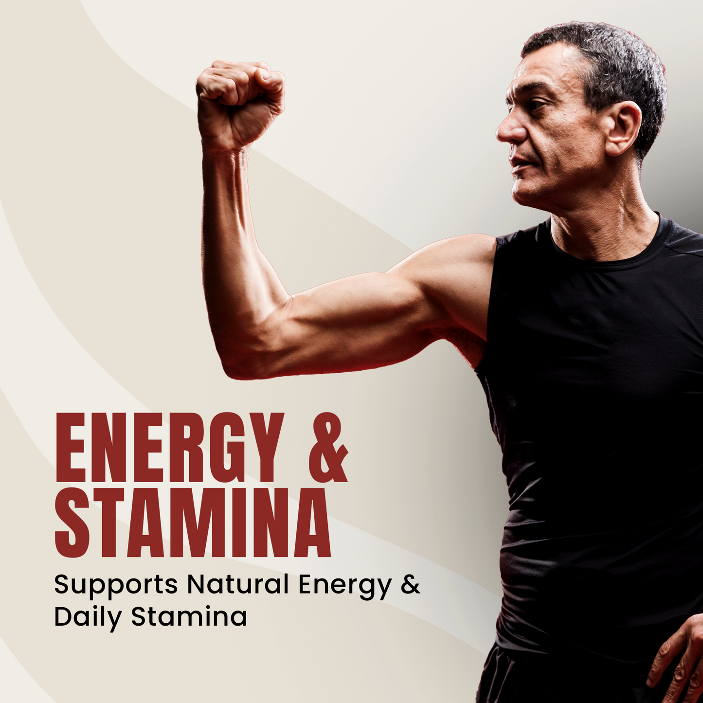 Man flexing arm with text 'ENERGY & STAMINA' on a beige background