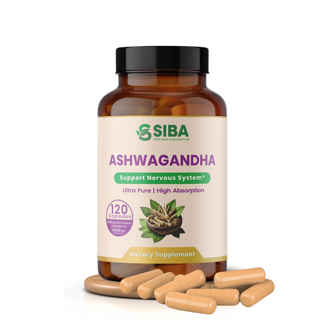 SIBA Ashwagandha Capsules Extra Strength Stress Relief Formula, Natural Mood Support, Stress, Focus, and Energy Supplement, 120 Capsules