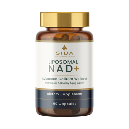A bottle of SIBA Liposomal NAD+ dietary supplement, featuring an amber brown bottle, a gold cap, and a white label with gold and navy blue accents.