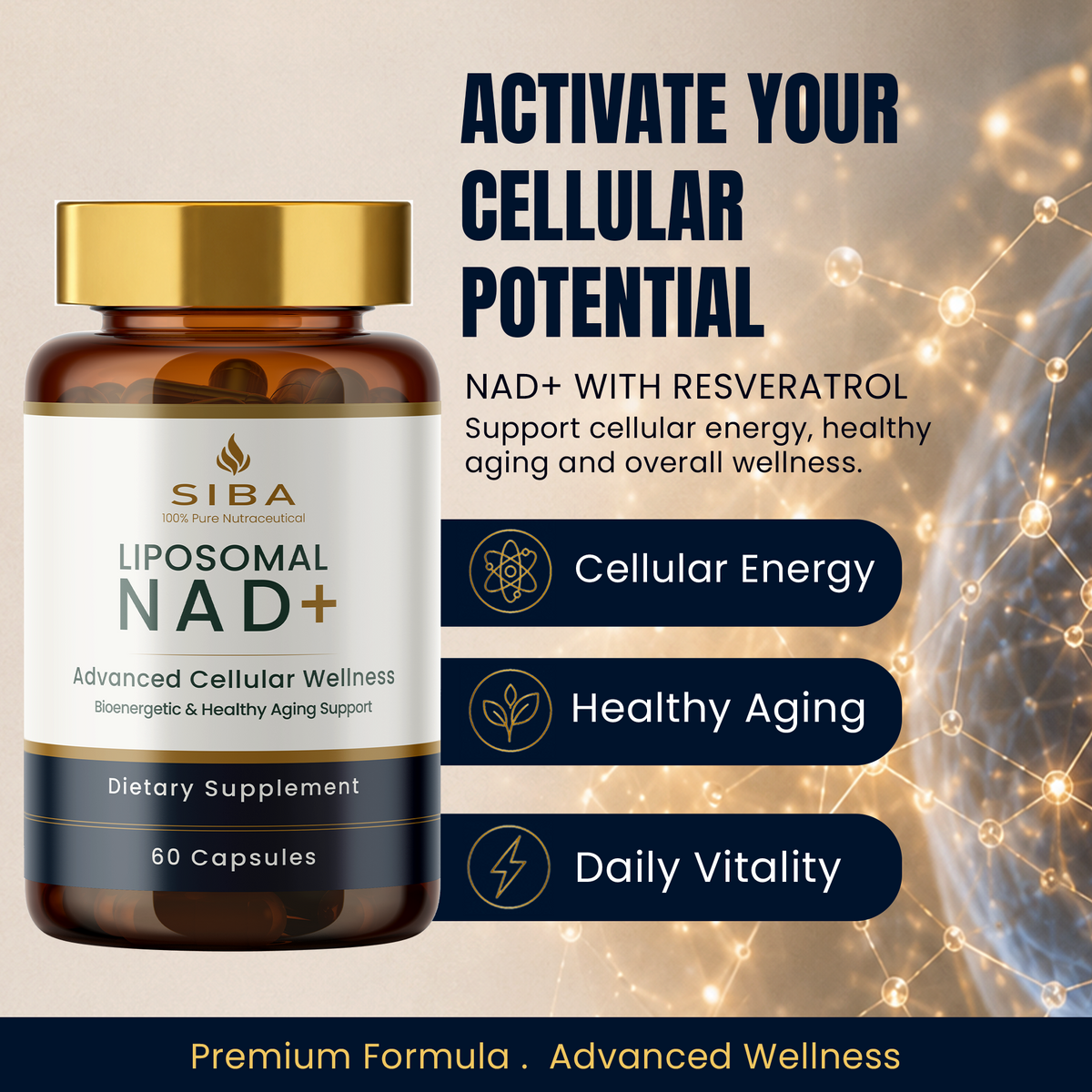 SIBA Liposomal NAD+ dietary supplement bottle with a gold cap and amber-brown label, shown on a beige background with glowing network lines and text highlighting cellular energy, healthy aging, and daily vitality.