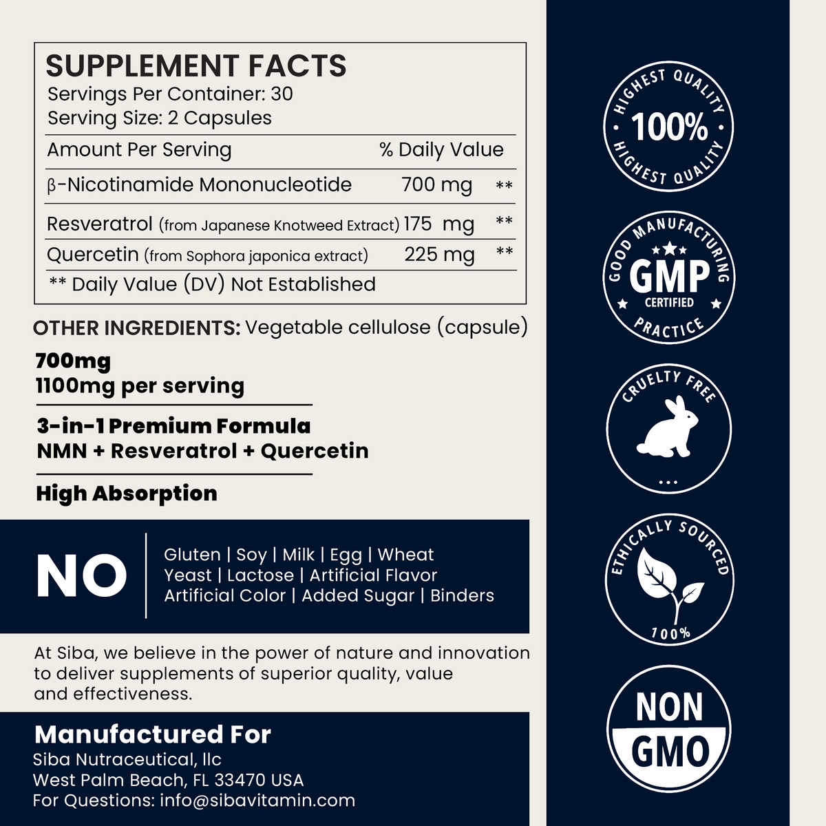 Sibivam supplement facts label with product details, serving size 2 capsules, and four quality badges on a dark navy background.