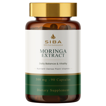 SIBA Moringa Extract supplement bottle on a white background with gold cap