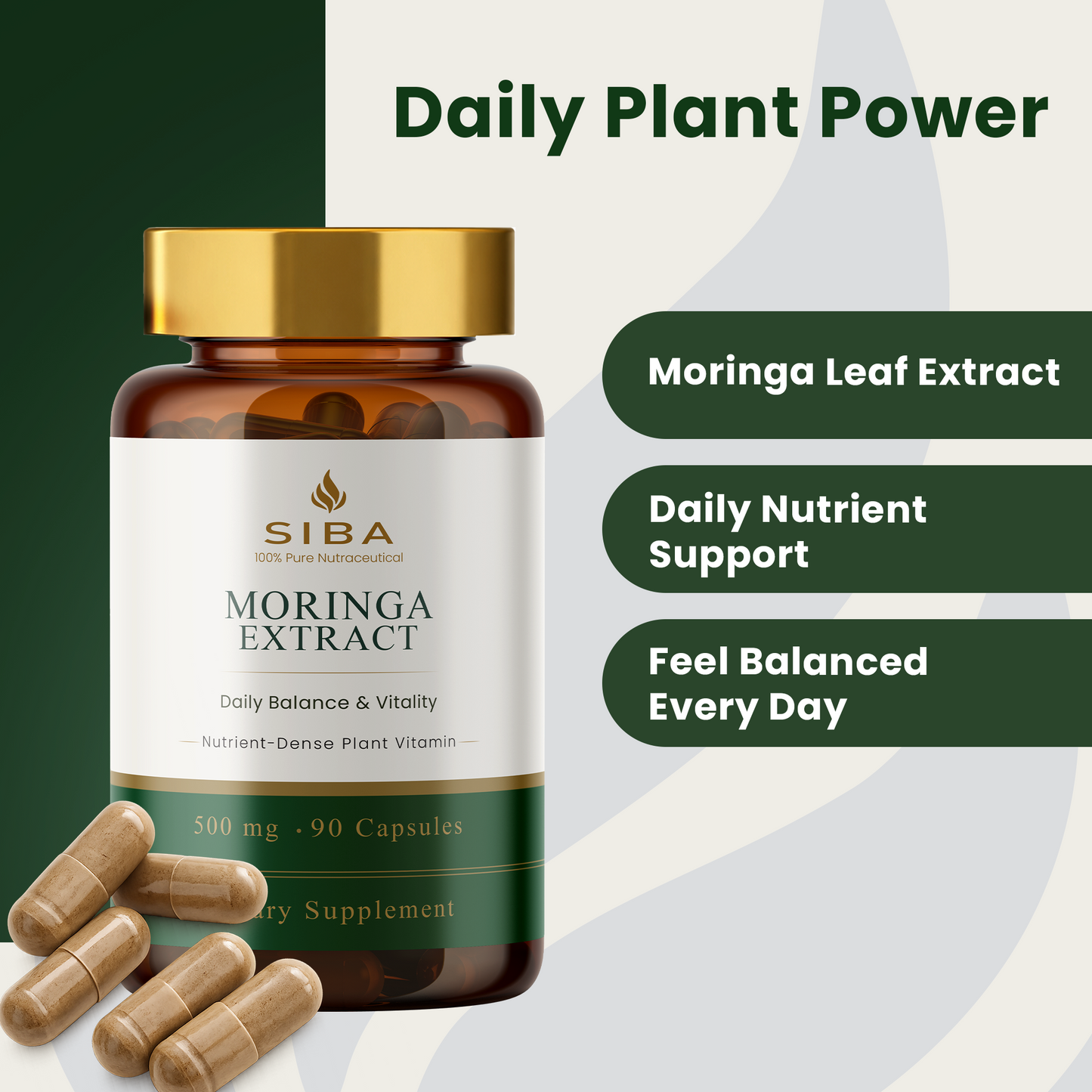 SIBA Moringa Extract supplement bottle with capsules on a green and white background