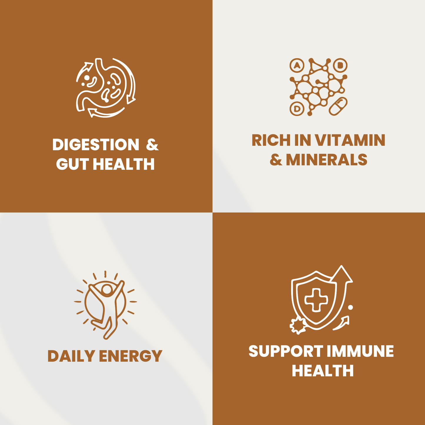 Four icons representing health benefits with corresponding text on a brown and white background.