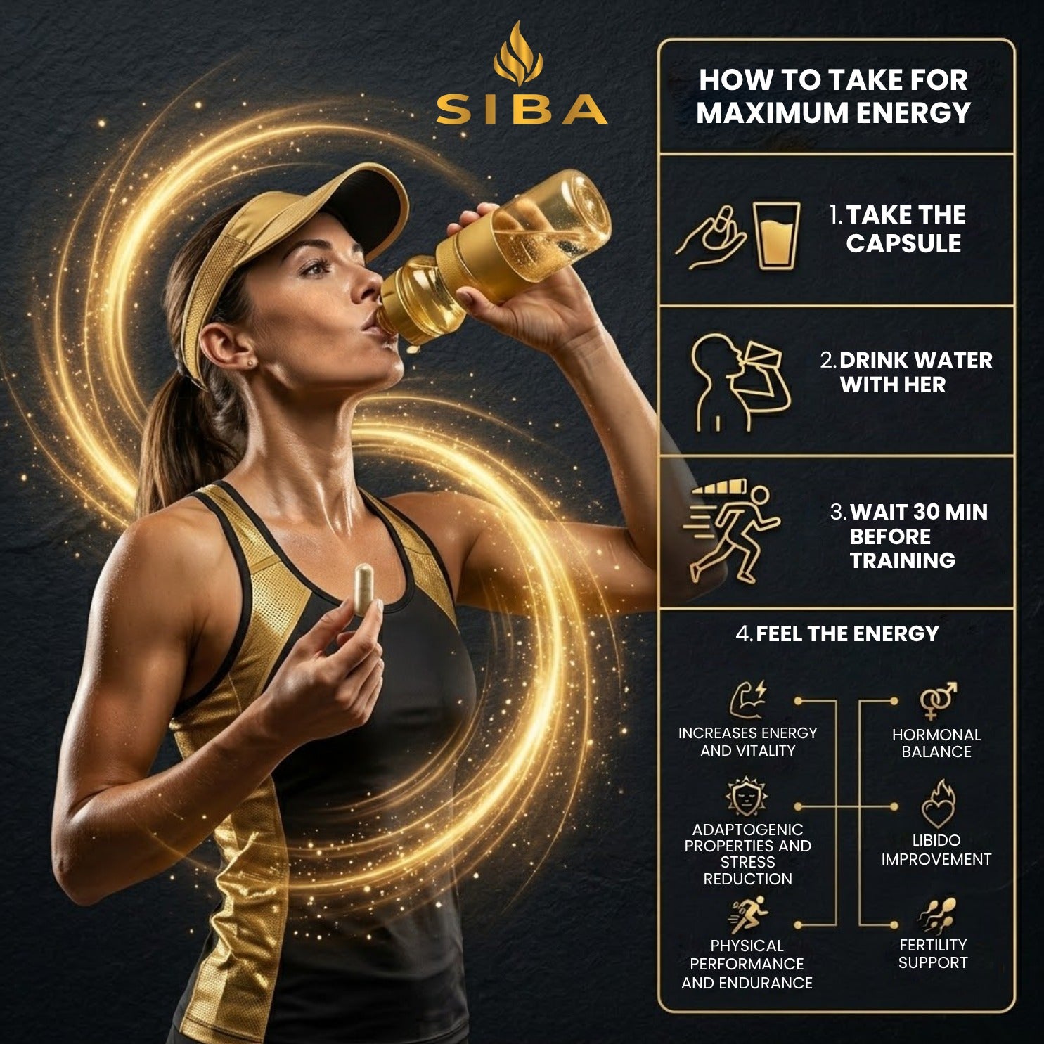 Woman drinking from a bottle with SIBA branding and instructions on how to take for maximum energy.