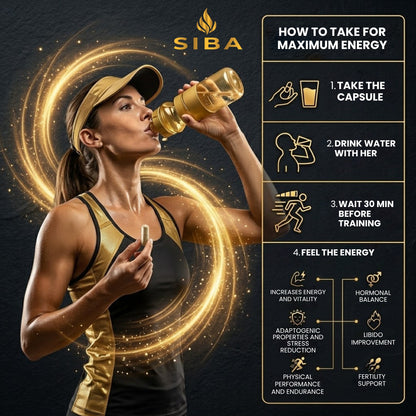Woman drinking from a bottle with SIBA branding and instructions on how to take for maximum energy.