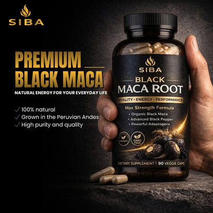SIBA Black Maca Root supplement bottle held by a hand with product details on a dark background