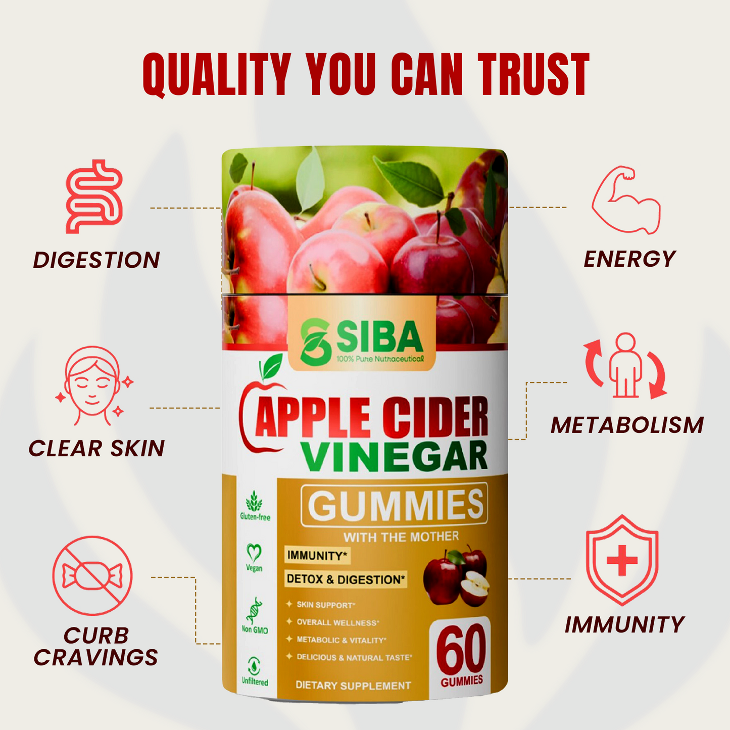 SIBA Apple Cider Vinegar Gummies packaging with health benefits icons on a white background