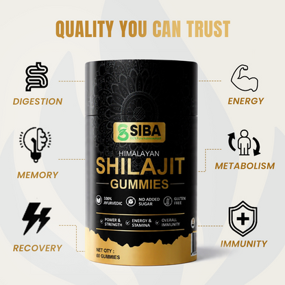 SIBA Himalayan Shilajit Gummies packaging with health benefits icons on a white background