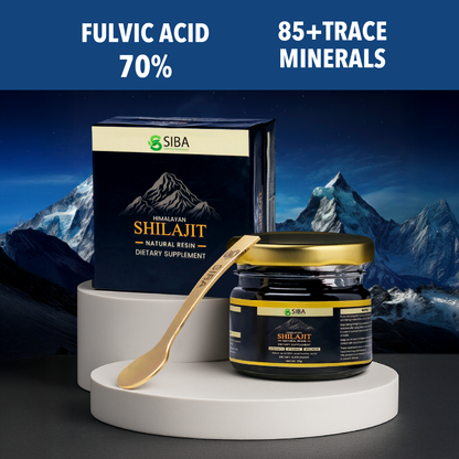 SIBA Shilajit dietary supplement with mountainous background