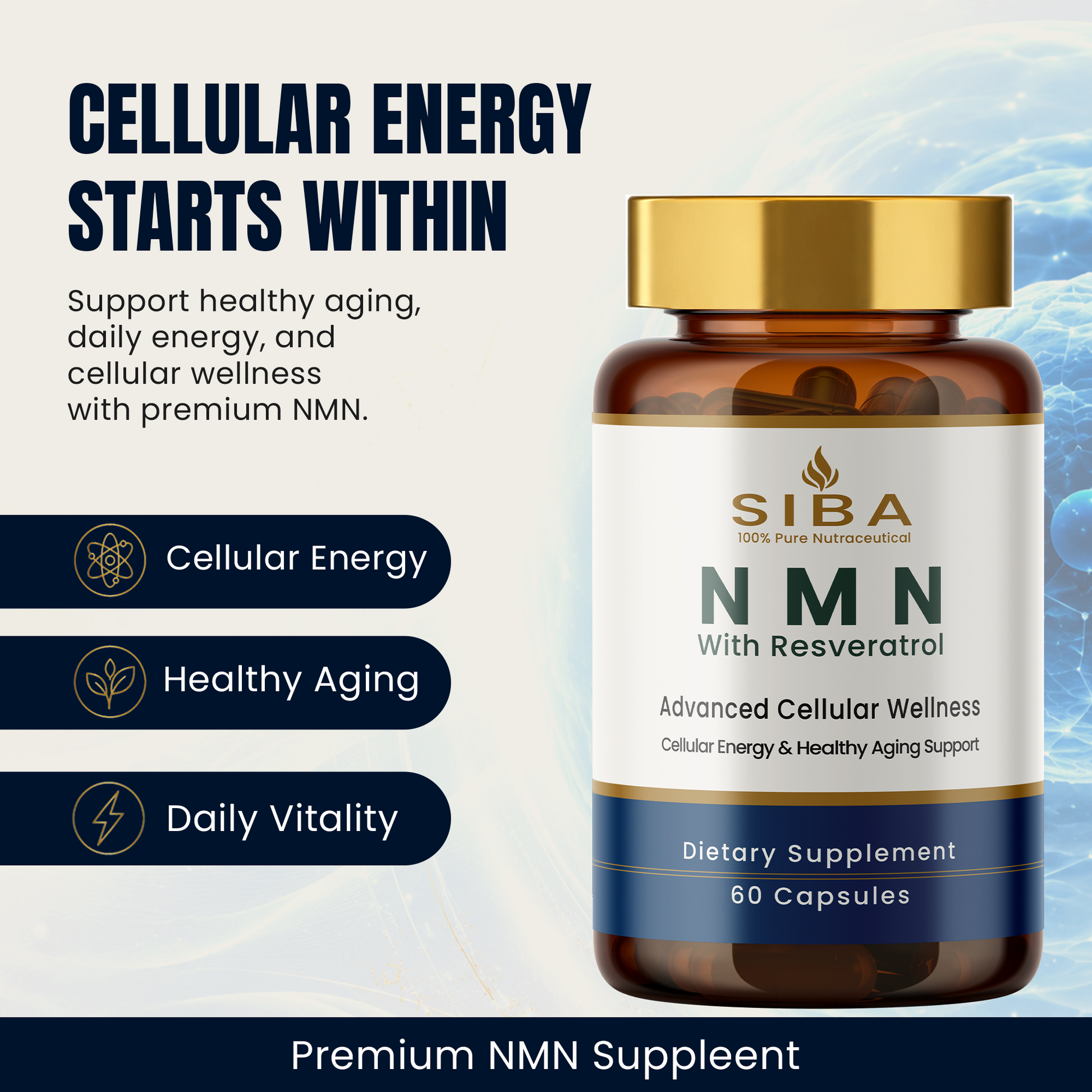 An amber supplement bottle with a gold cap and a white label reading 'SIBA NMN With Resveratrol' and '60 Capsules,' shown on a light background with marketing text and icons about cellular energy, healthy aging, and daily vitality.