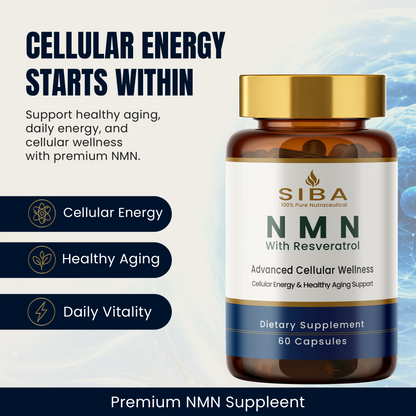 An amber supplement bottle with a gold cap and a white label reading 'SIBA NMN With Resveratrol' and '60 Capsules,' shown on a light background with marketing text and icons about cellular energy, healthy aging, and daily vitality.