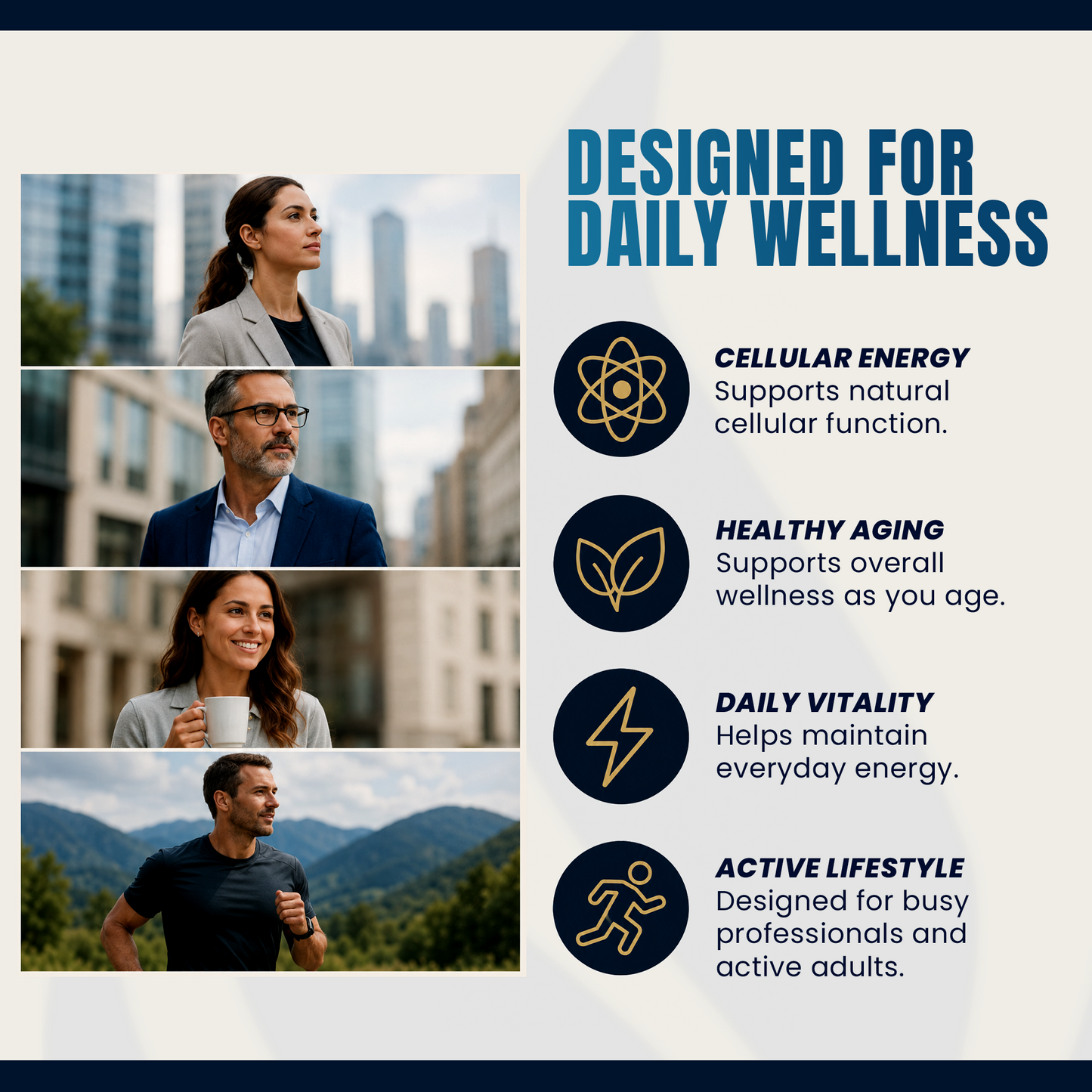 Promotional graphic for a wellness product with four lifestyle photos of people on the left and text on the right reading 'DESIGNED FOR DAILY WELLNESS' with icons and benefits: cellular energy, healthy aging, daily vitality, and active lifestyle.