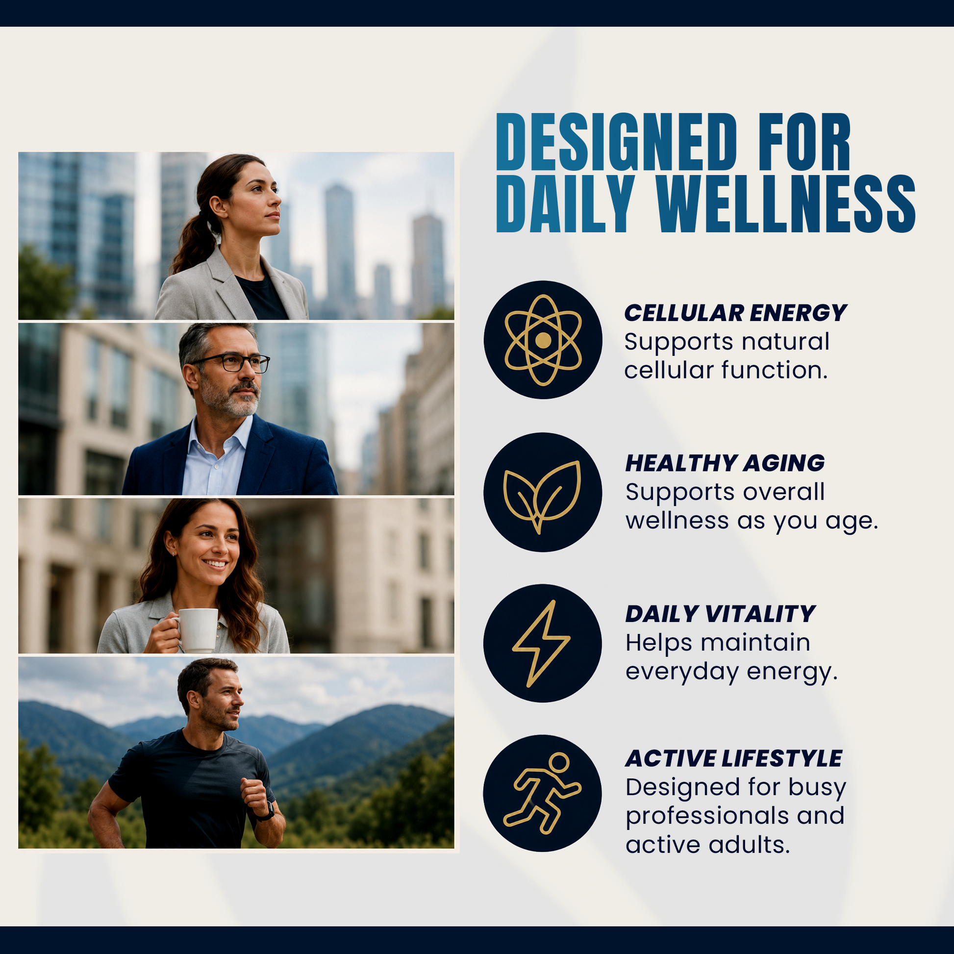 Promotional graphic for a wellness product with four lifestyle photos of people on the left and text on the right reading 'DESIGNED FOR DAILY WELLNESS' with icons and benefits: cellular energy, healthy aging, daily vitality, and active lifestyle.