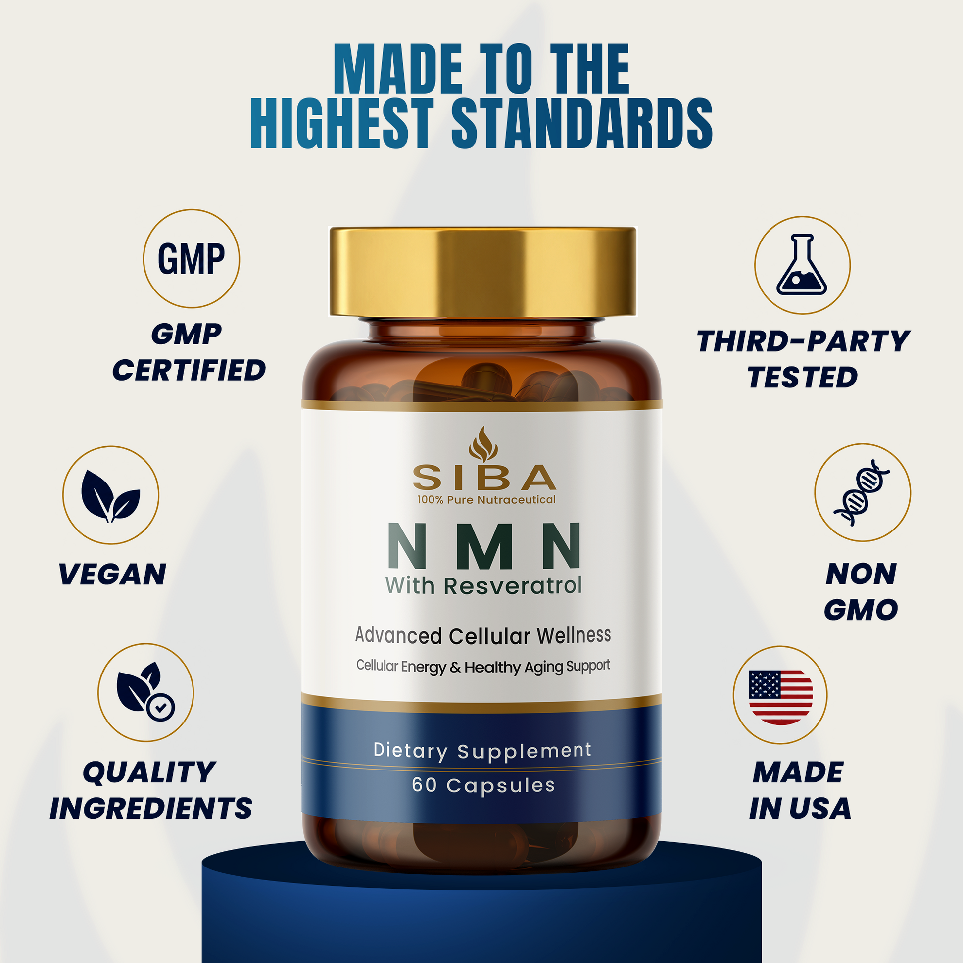 SIBA NMN dietary supplement bottle with a gold cap and white label, centered on a light beige background with blue promotional text and feature icons around it.
