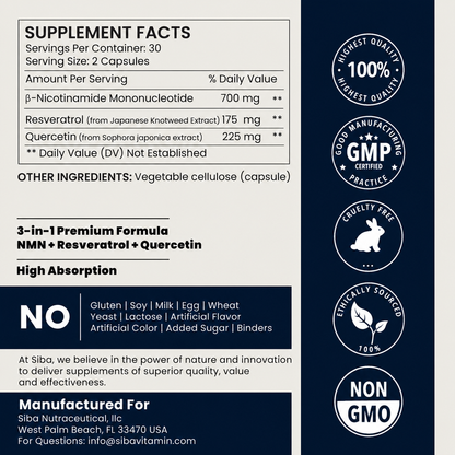 Sibivim supplement facts label with product details, serving size 2 capsules, and a dark navy vertical panel showing quality badges including GMP certified, cruelty free, and non GMO.