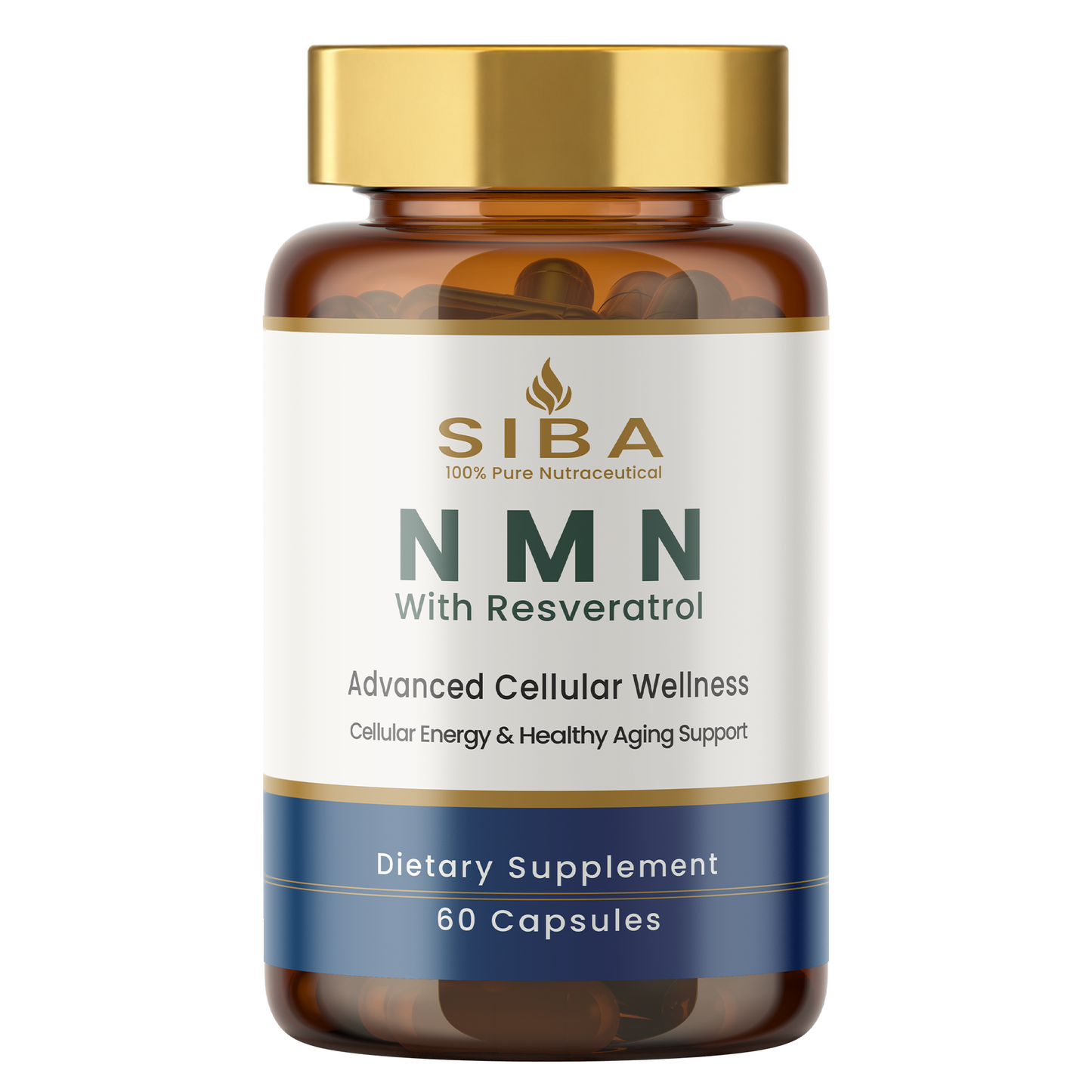 A bottle of SIBA NMN dietary supplement with resveratrol, containing 60 capsules. The product is shown in an amber brown bottle with a metallic gold cap and a white label featuring dark green and blue text.