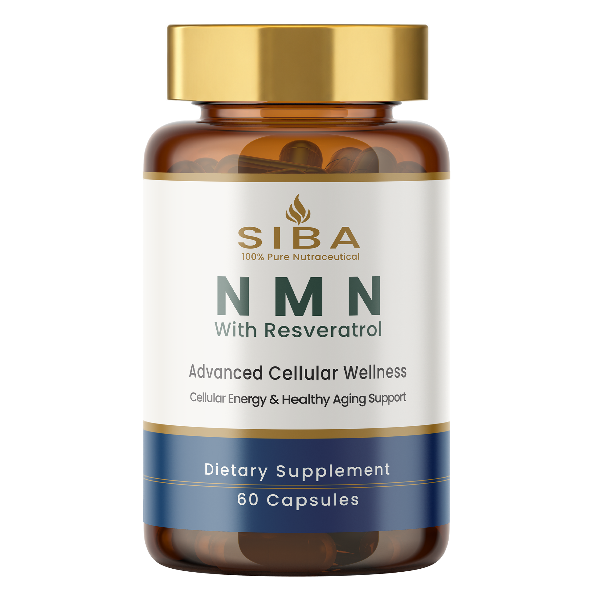 A bottle of SIBA NMN dietary supplement with resveratrol, containing 60 capsules. The product is shown in an amber brown bottle with a metallic gold cap and a white label featuring dark green and blue text.