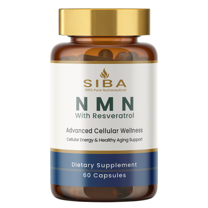 A bottle of SIBA NMN dietary supplement with resveratrol, containing 60 capsules. The product is shown in an amber brown bottle with a metallic gold cap and a white label featuring dark green and blue text.