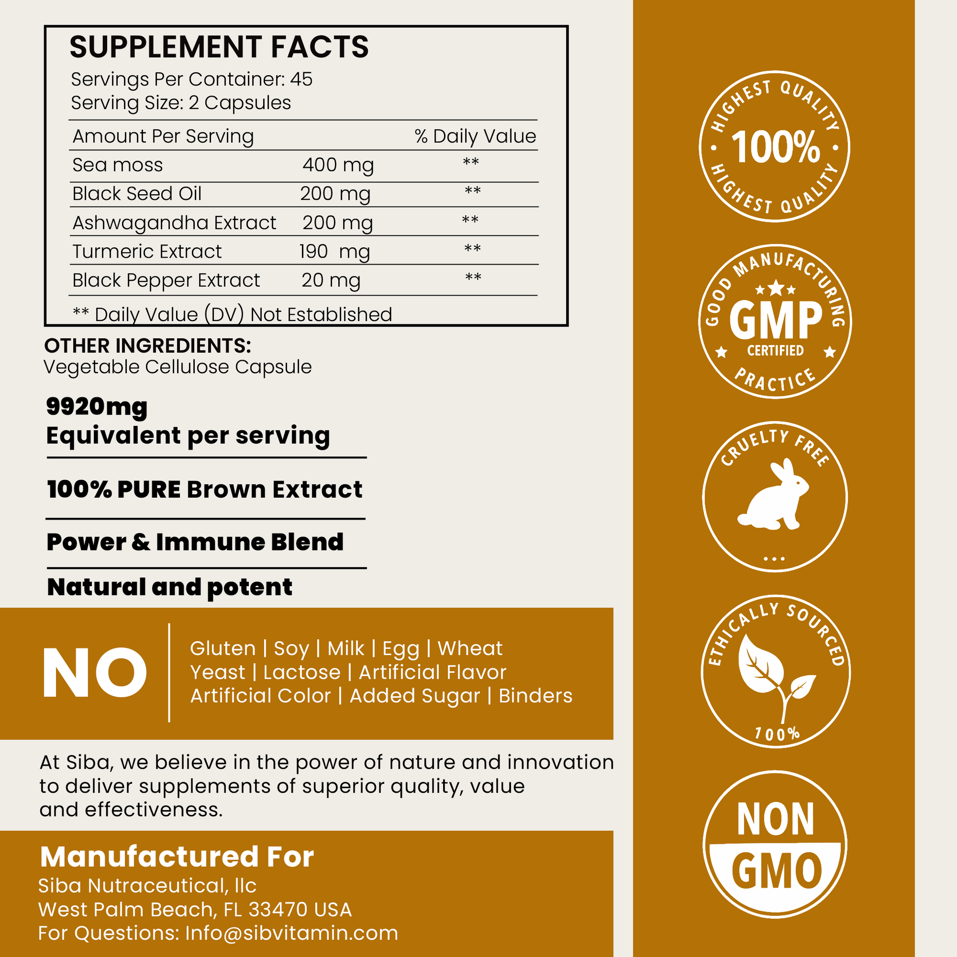 Supplement label with ingredients and manufacturing details on a brown background