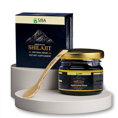 SIBA Shilajit natural resin dietary supplement jar with packaging and spoon on a white background