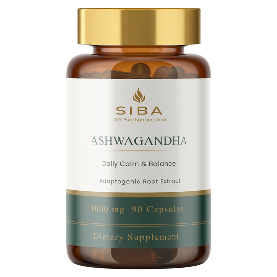 SIBA Ashwagandha dietary supplement bottle on a white background