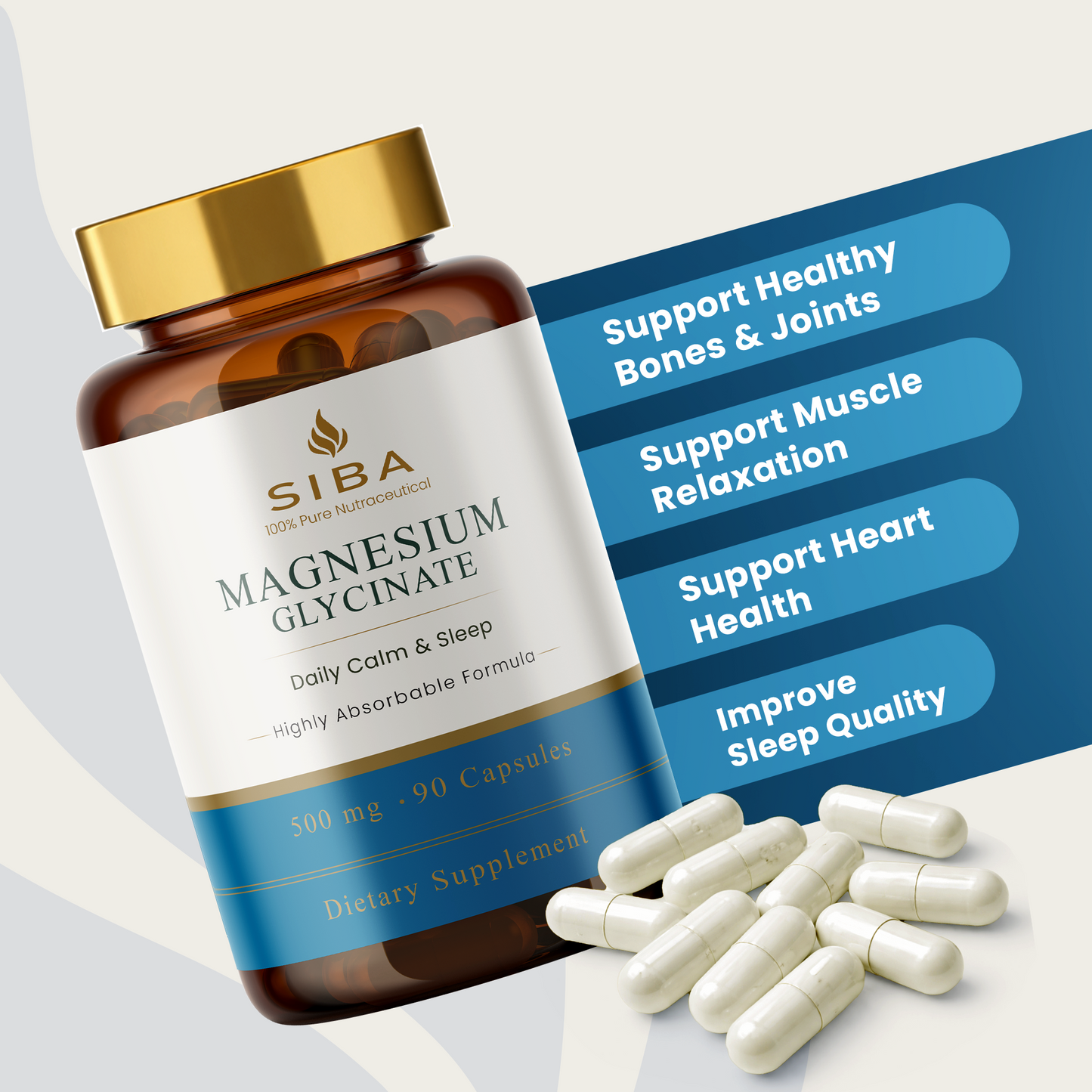 SIBA Magnesium Glycinate supplement bottle with capsules on a light gray background