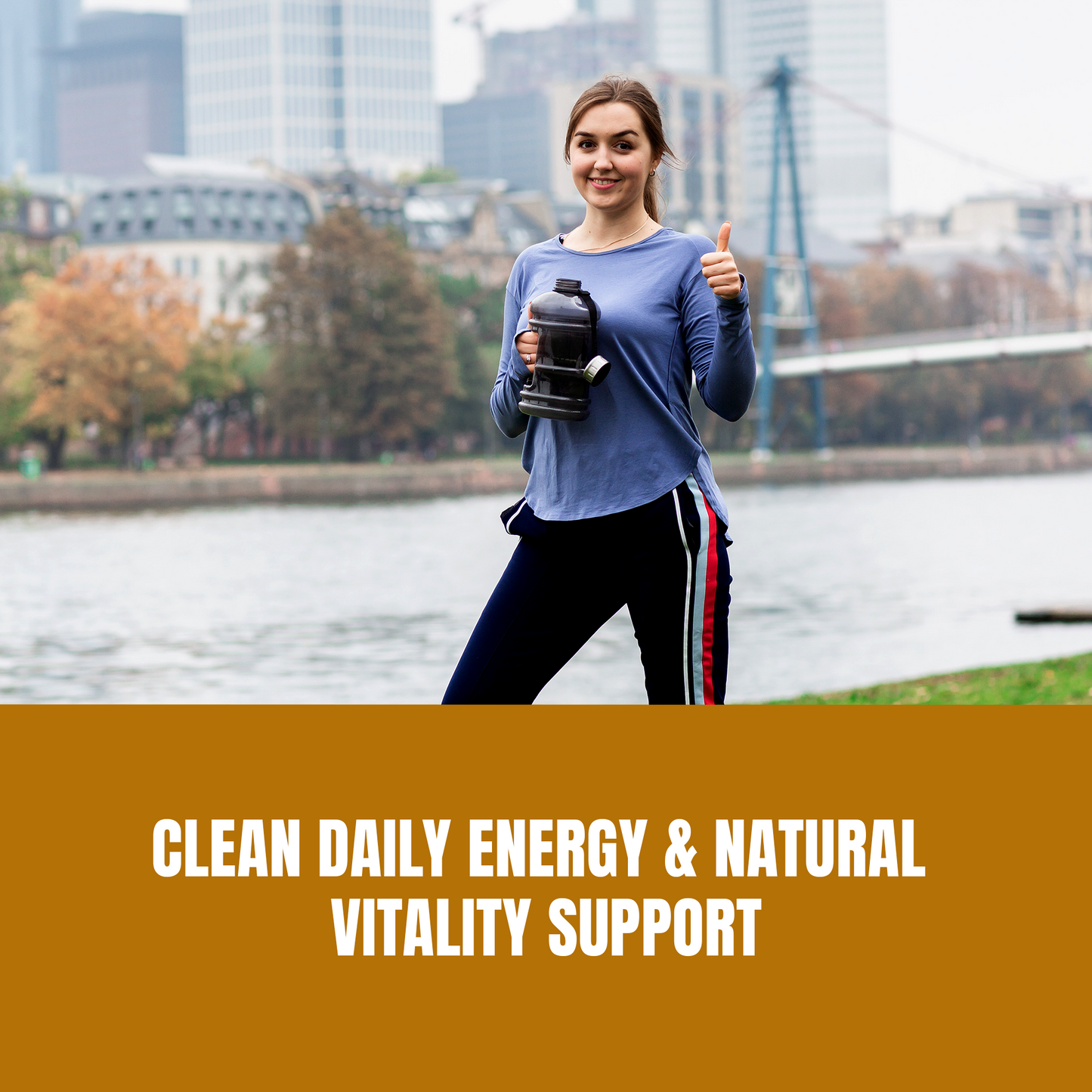 Woman holding a shaker bottle outdoors with text about clean daily energy and natural vitality support.