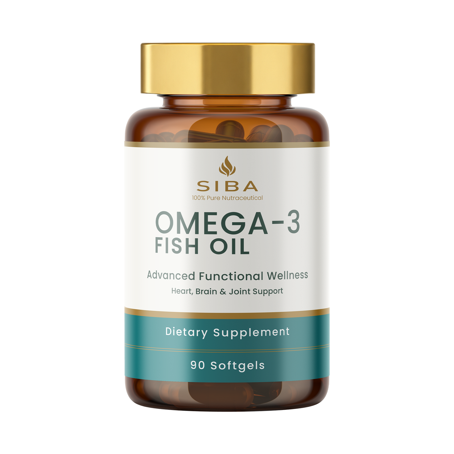 A bottle of SIBA Omega-3 Fish Oil dietary supplement containing 90 softgels, featuring an amber brown bottle, a gold cap, and a white label with teal and gold accents.