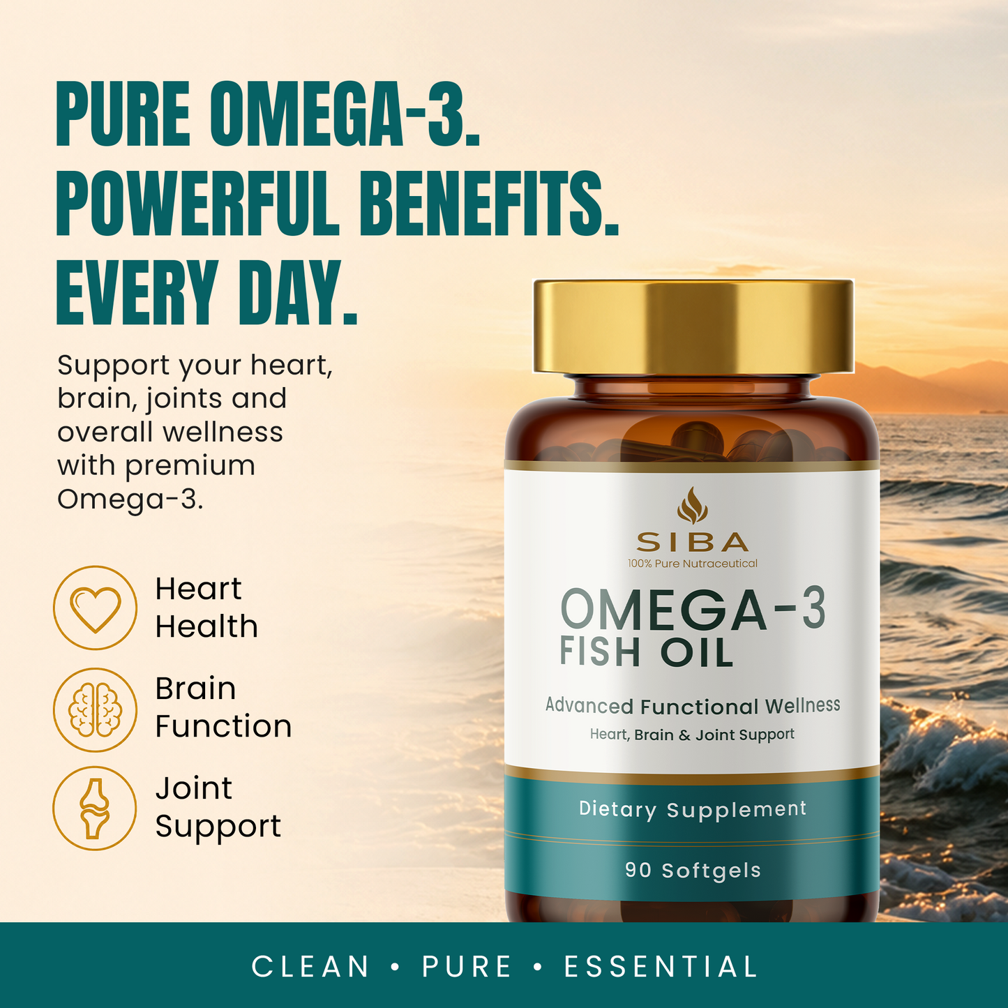 A bottle of SIBA Omega-3 Fish Oil dietary supplement shown on a beach sunset background with marketing text on the left highlighting heart, brain, and joint support benefits.