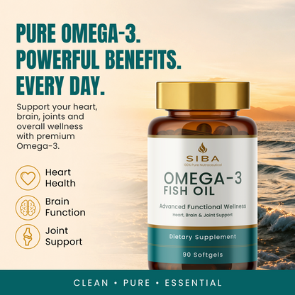 A bottle of SIBA Omega-3 Fish Oil dietary supplement shown on a beach sunset background with marketing text on the left highlighting heart, brain, and joint support benefits.