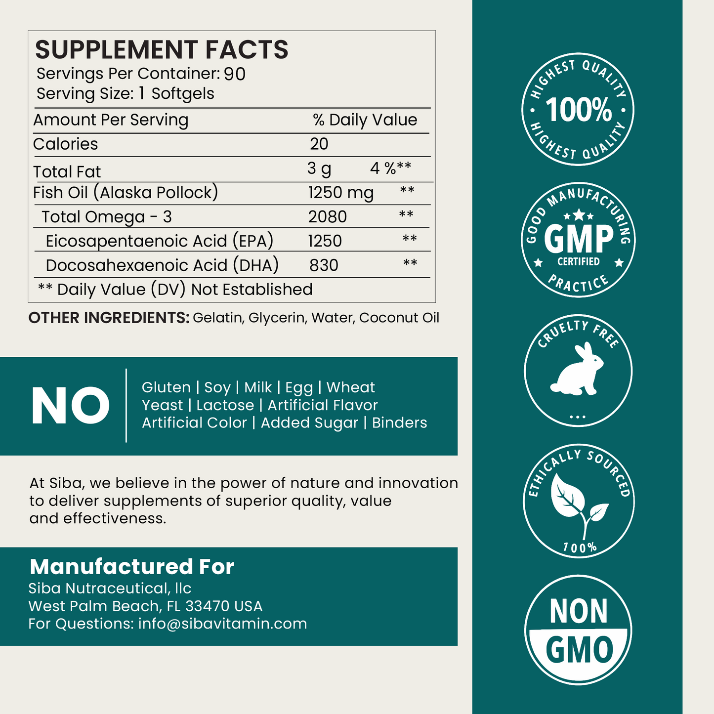 Sibvitamin supplement facts label with a blue and white product panel, a dark teal vertical banner with quality badges, and text noting ingredients and manufacturer Siba Nutraceutical, Inc.