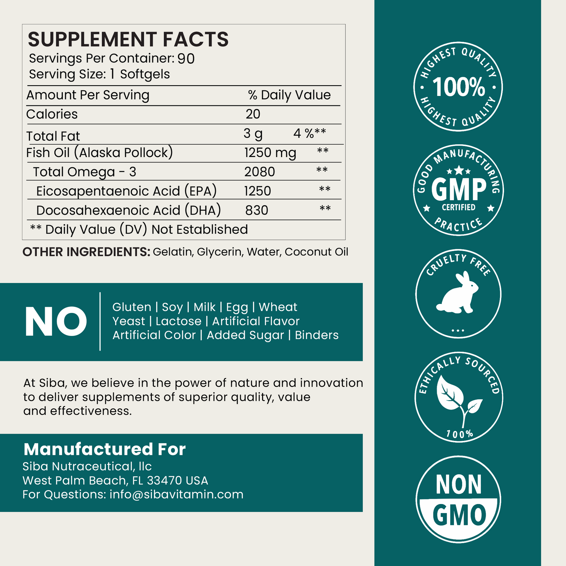 Sibvitamin supplement facts label with a blue and white product panel, a dark teal vertical banner with quality badges, and text noting ingredients and manufacturer Siba Nutraceutical, Inc.