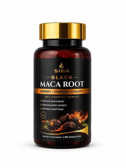 A bottle of SIBA Black Maca Root dietary supplement, featuring a dark amber bottle, a shiny gold cap, and a black label with gold and white text, set against a plain white background.