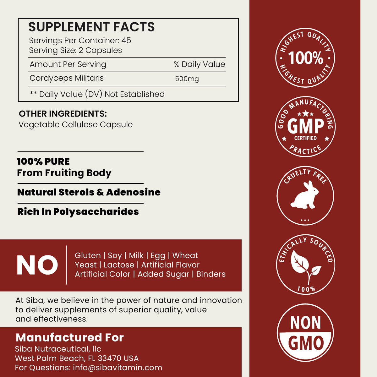 SIBA Cordyceps Militaris capsules Supplement Facts panel