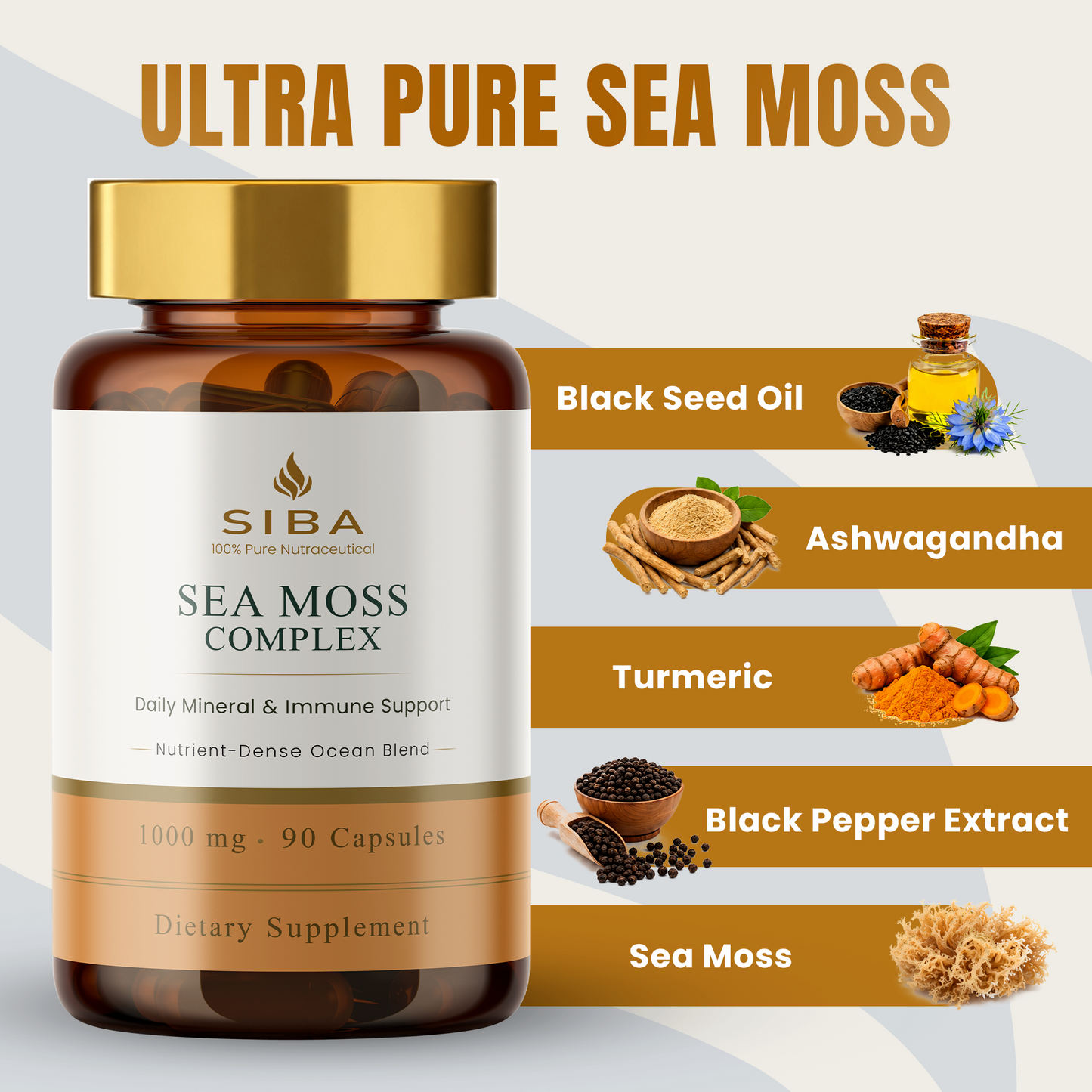 SIBA Sea Moss Complex supplement bottle with ingredients listed on a white background