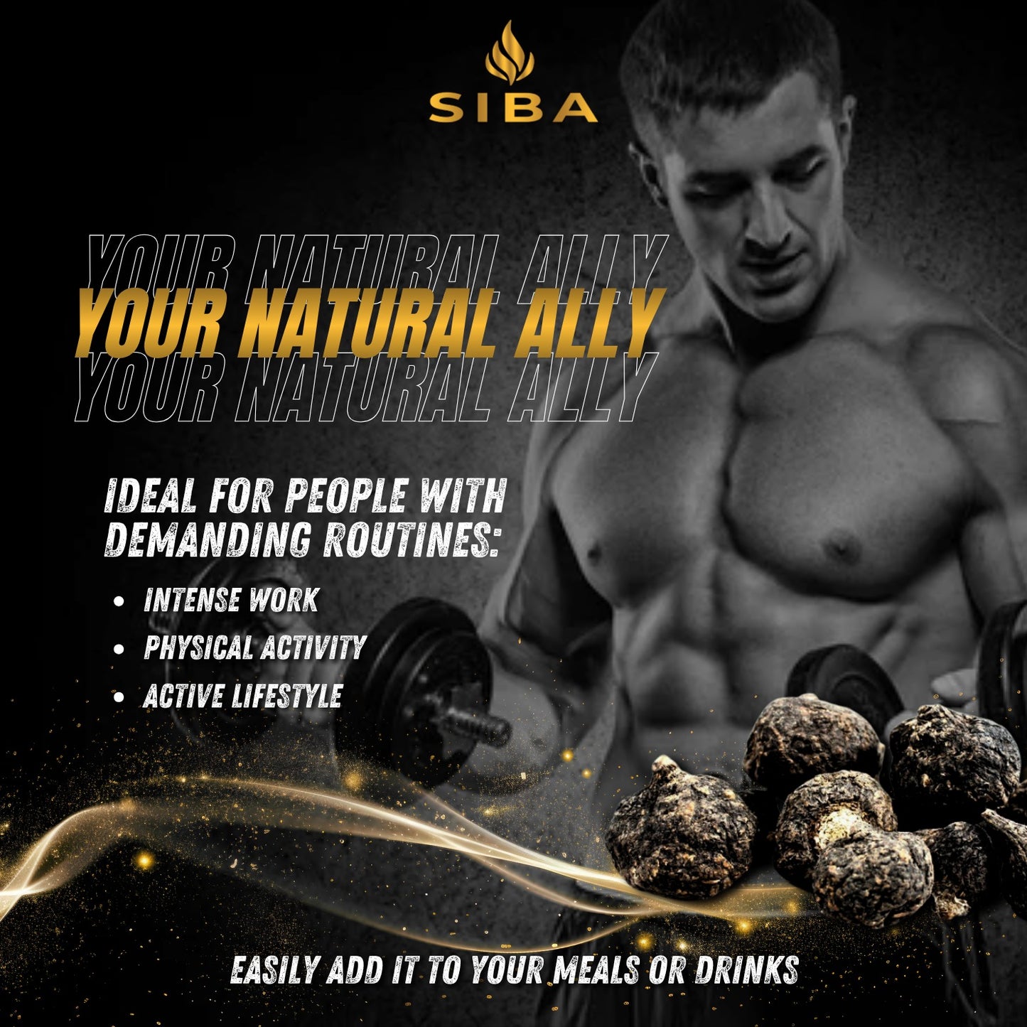 Advertisement for SIBA product featuring a man with a muscular build holding weights and a bowl of the product.
