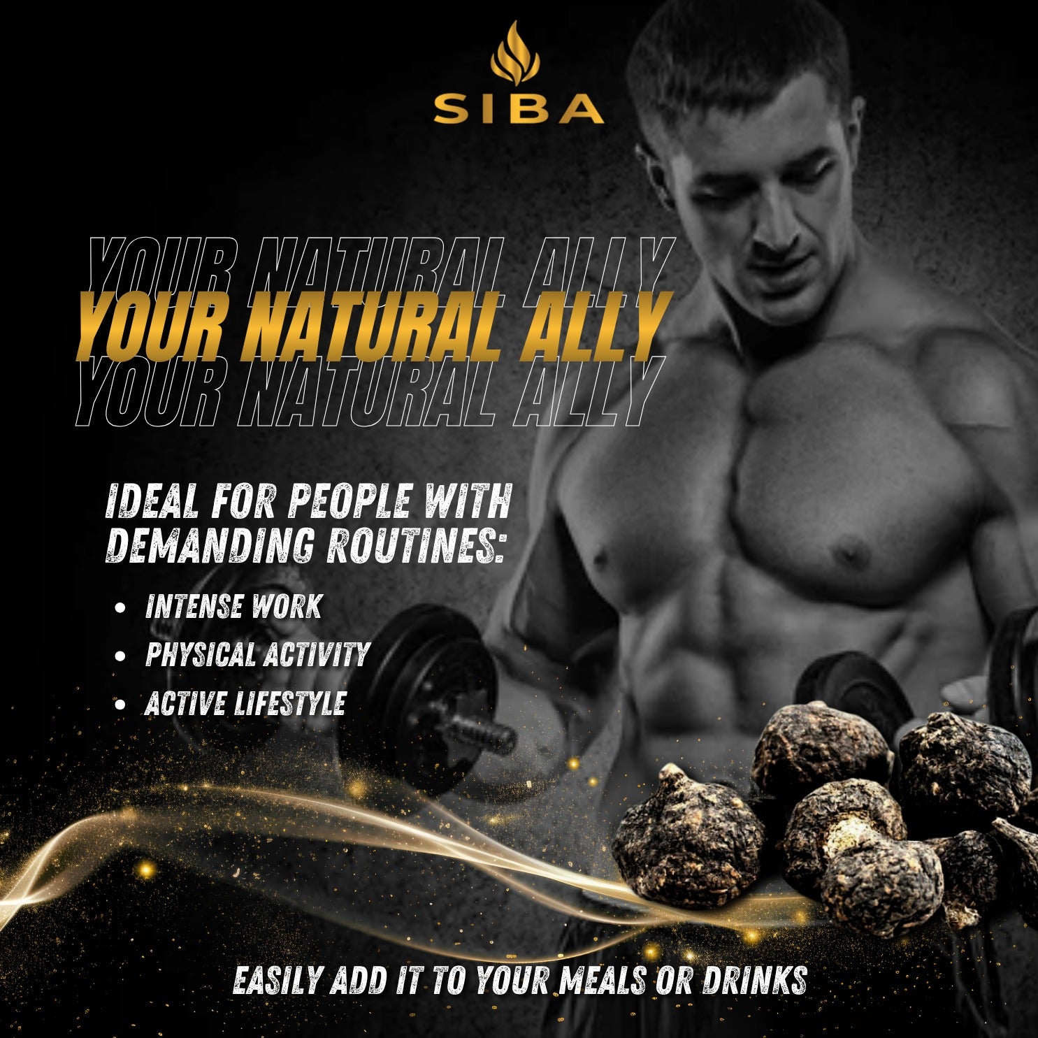 Advertisement for SIBA product featuring a man with a muscular build holding weights and a bowl of the product.